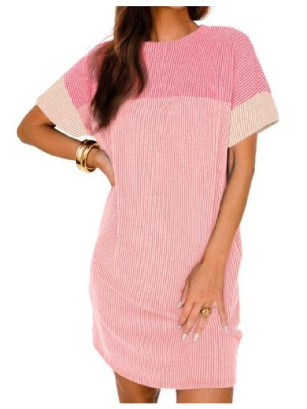 Pink T Shirt Dress Womens L Ribbed Short Sleeve Casual Pockets
